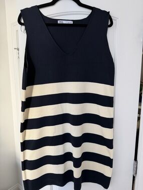 Zara Navy and Cream Striped Sleeveless Mini Dress